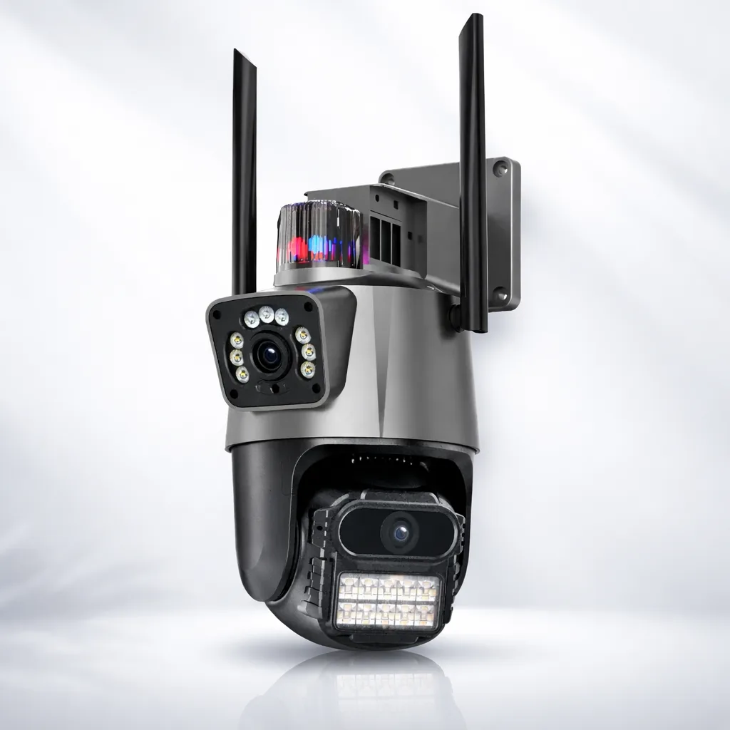 Spoljna IP Wi-Fi Dual Kamera 3MP + 3MP sa IR Noćnim Vidom, PTZ Rotacijom i Dvosmernim Zvukom – Bežična, IP65, microSD do 256GB