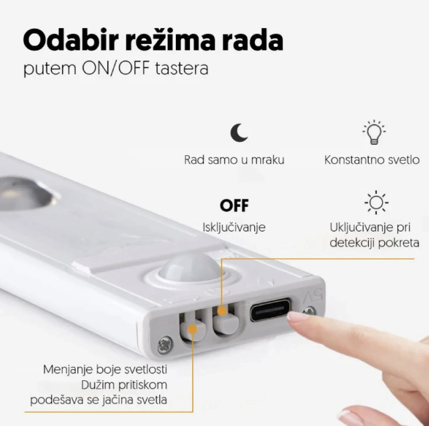 Slika 4 - Punjiva LED lampa sa PIR senzorom – USB-C, 3 boje svetla, automatsko paljenje