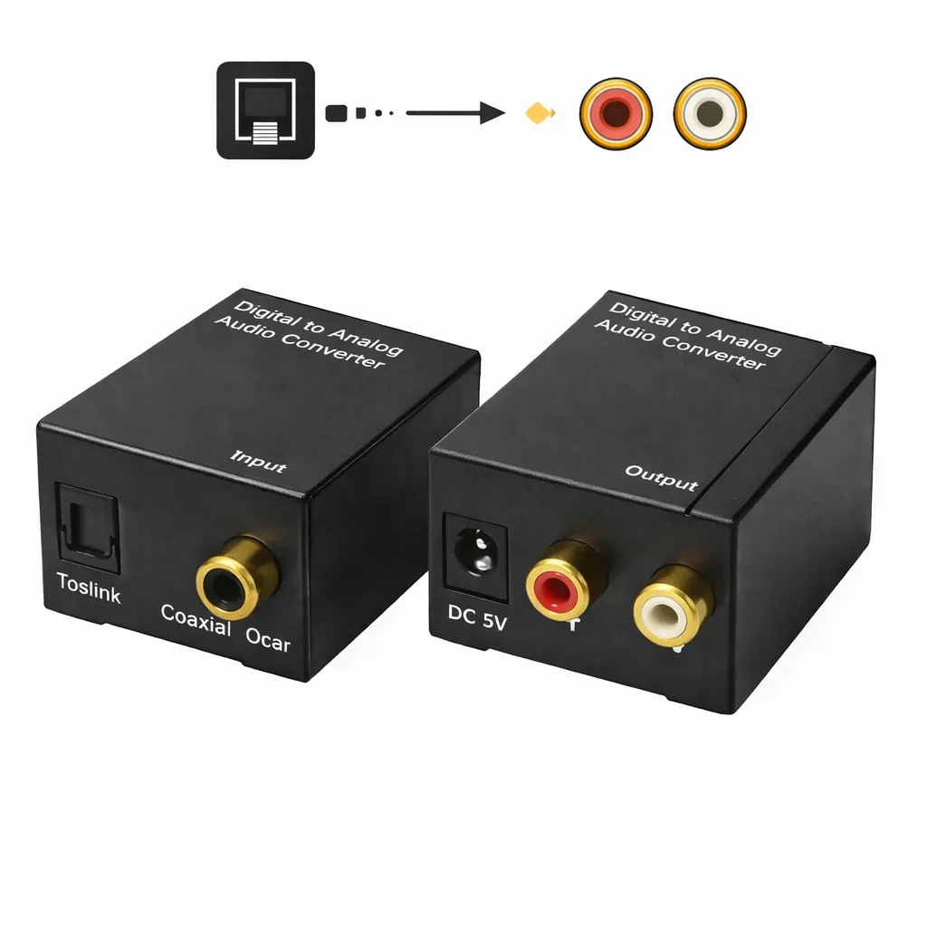 Digitalno-analogni konverter (DAC) – kompaktni prelaz sa optičkog TOSLINK i koaksijalnog digitalnog izlaza na 2 x RCA (Cinch), za pojačala i zvučnike, uključuje optički TOSLINK kabl, prelaz sa optike na 2 CINCH