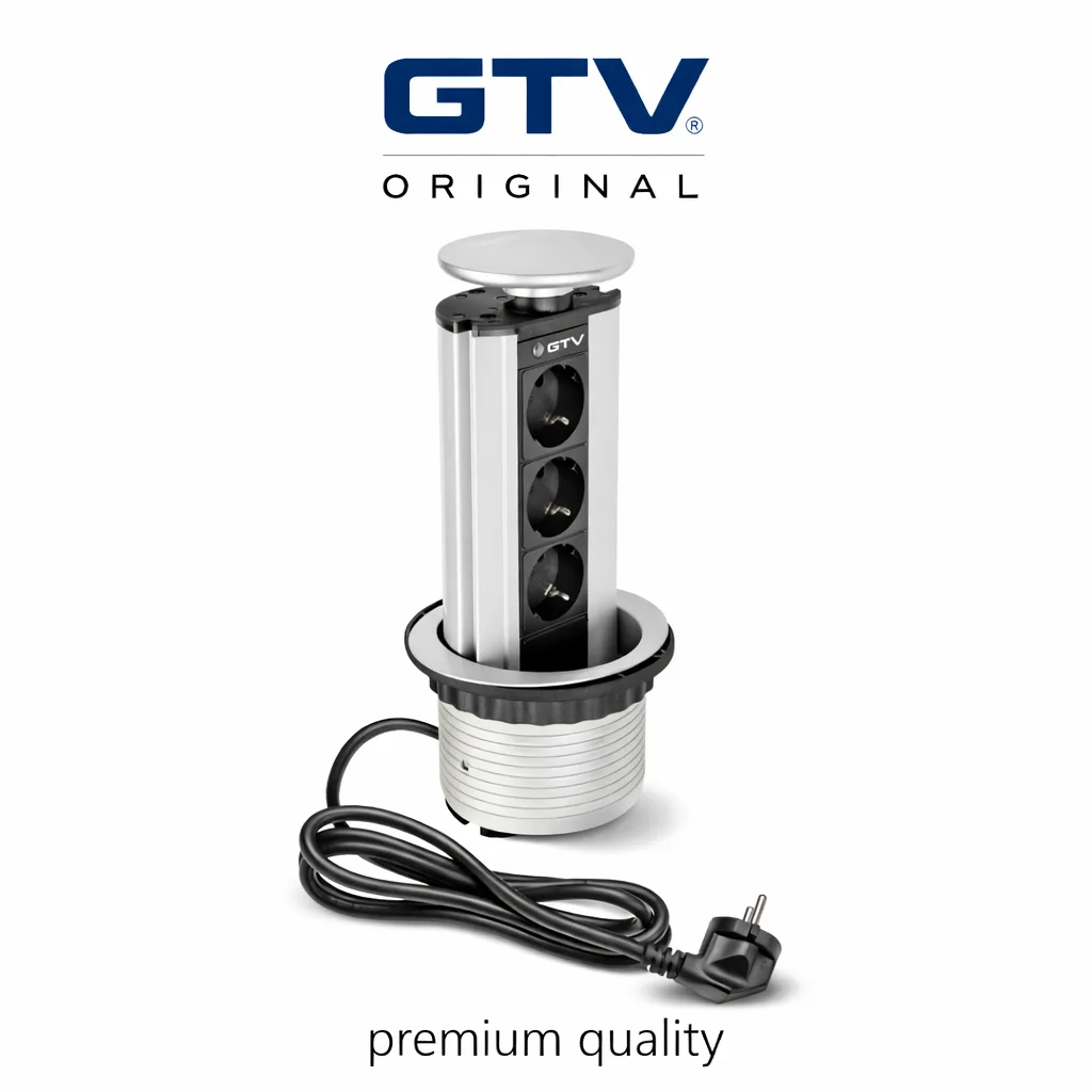 Ugradna utičnica za nameštaj Ø100 mm – 3x ŠUKO sa uzemljenjem, aluminijumska furniture socket utičnica, kabl 1.8 m