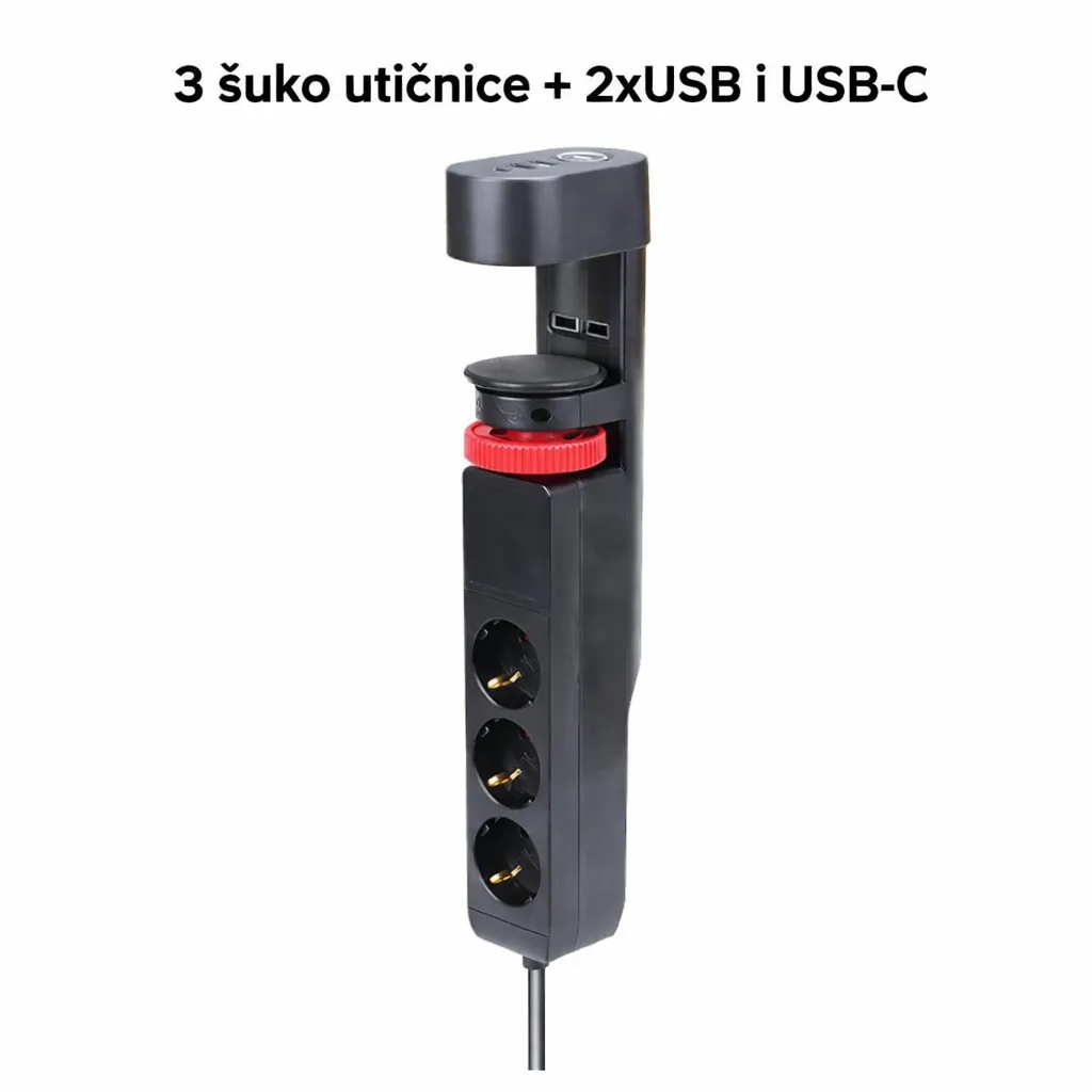 Produžni razvodnik PROSTO sa 3 šuko utičnice, 2x USB + USB-C, kabl 1.5 m, prekidač i zaštita za decu. Idealno za dom i kancelariju.