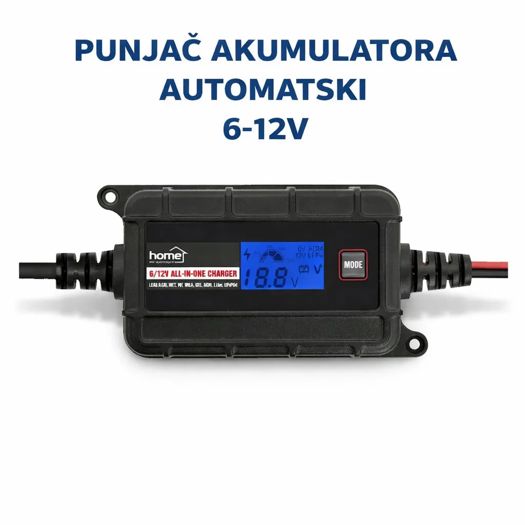 Automatski punjač akumulatora 6–12V HOME – Pametni punjač za auto, motor i motocikl | Olovni, AGM, GEL, Li-ion, LiFePO4 | IP65
