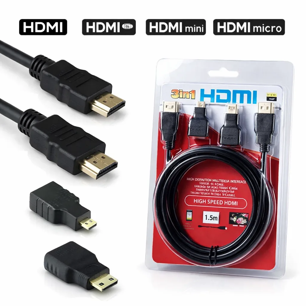 Kabl HDMI 1.5m sa mikro i mini HDMI adapterom, Full HD 1080p, Plug & Play, stabilan i brz digitalni video prenos za HDTV, projektor, PC, laptop, DVD i gaming konzole