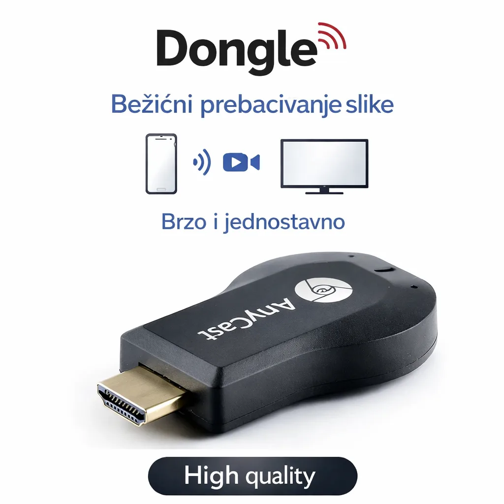 Wi-Fi HDMI prijemnik Anycast za TV, Laptop, Projektor | Bežično prebacivanje video, slike i audio, Full HD 1080p, DLNA, Miracast, Airplay, Povezivanje sa iPhone, iPad, Android, Windows, Podrška za Office prezentacije, Plug & Play preko HDMI