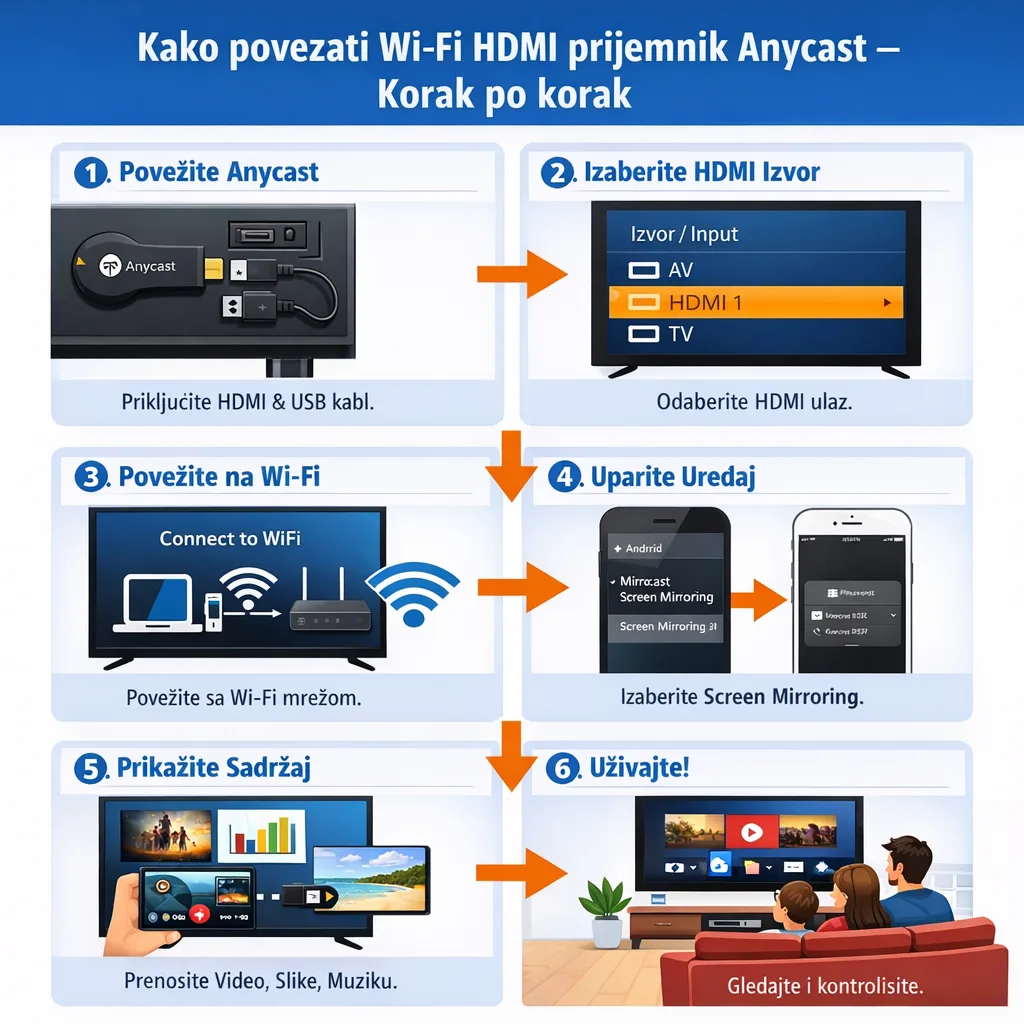 Slika 4 - Wi-Fi HDMI prijemnik Anycast za TV, Laptop, Projektor | Bežično prebacivanje video, slike i audio, Full HD 1080p, DLNA, Miracast, Airplay, Povezivanje sa iPhone, iPad, Android, Windows, Podrška za Office prezentacije, Plug & Play preko HDMI