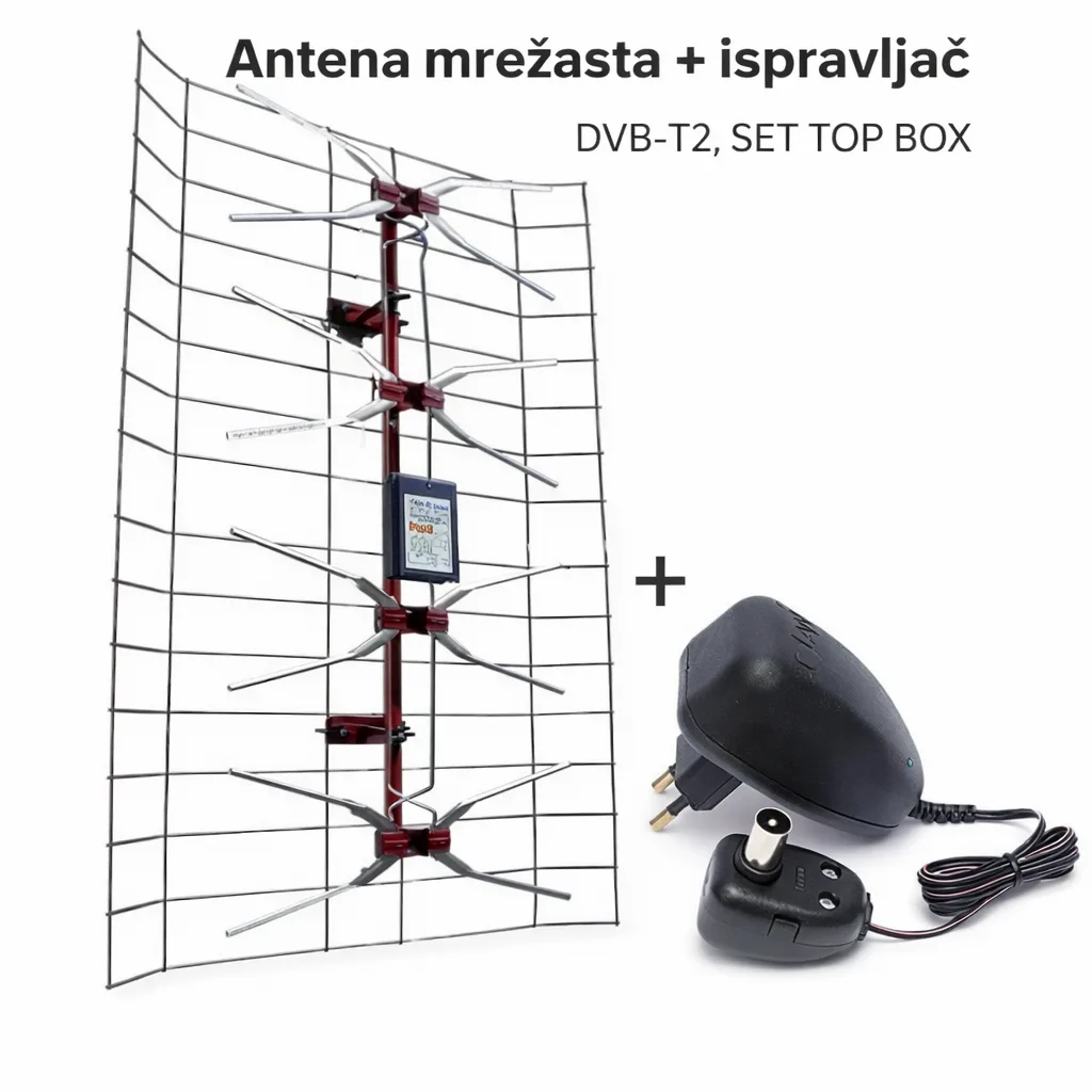 Antena Mrežasta Spoljašnja + Ispravljač | DVB-T2 | Veliko Pojačanje | Digitalna TV Antena